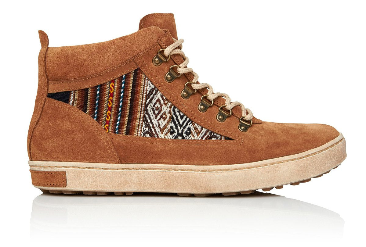 Tan Suede Peruvian Fabric Camping Boot with laces