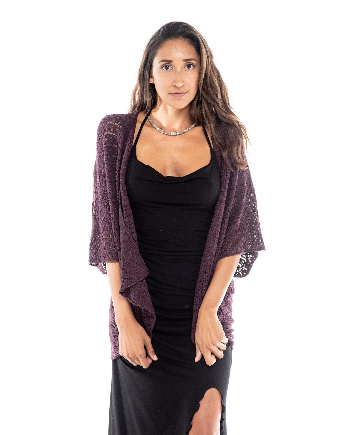 Open Front Knitted Square Design Poncho Ana