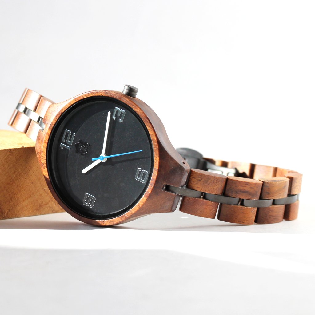 Solid Koa Wood Watch Round/Black Face